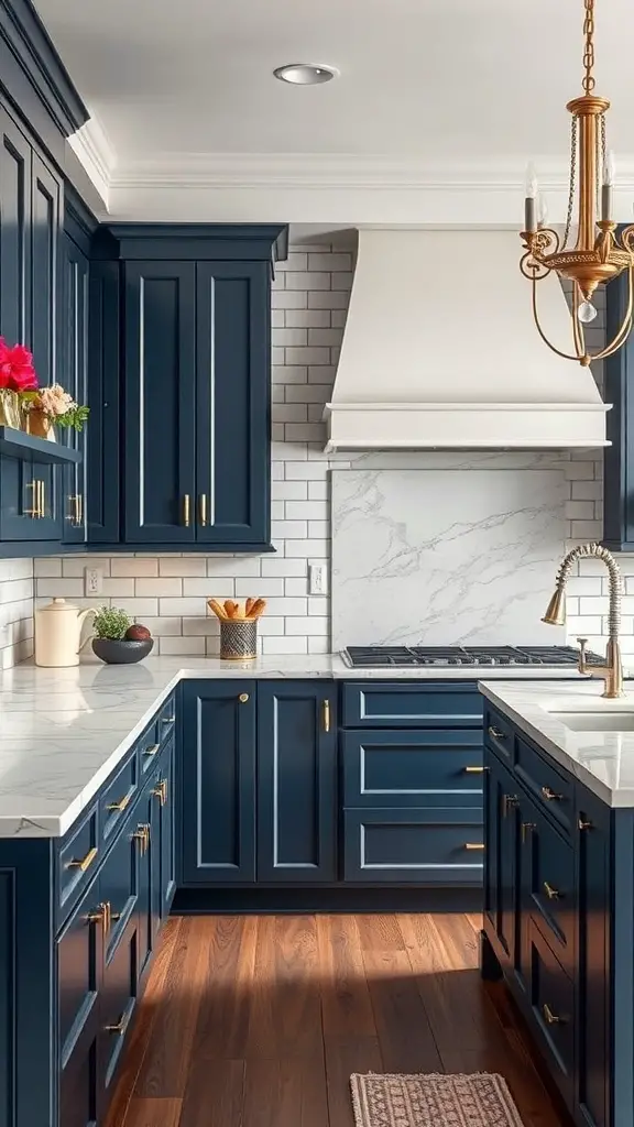 29+ Stunning Ideas for Blue Kitchen Cabinets 2 A stylish kitchen featuring navy blue cabinets, white countertops, and gold hardware.