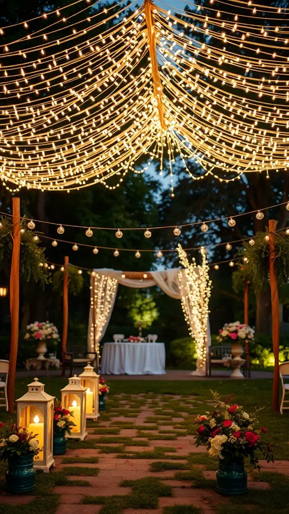 27+ Enchanting for a Garden Wedding Ideas Celebration 8 A garden wedding setup with a canopy of twinkling fairy lights, lanterns along the path, and flower arrangements.