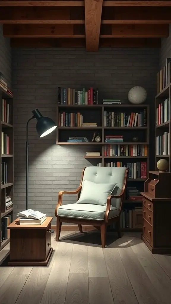 27+ Inspiring Basement Office Ideas for Ultimate Productivity 12 A cozy reading nook with a comfortable chair, lamp, and bookshelf in a basement office.