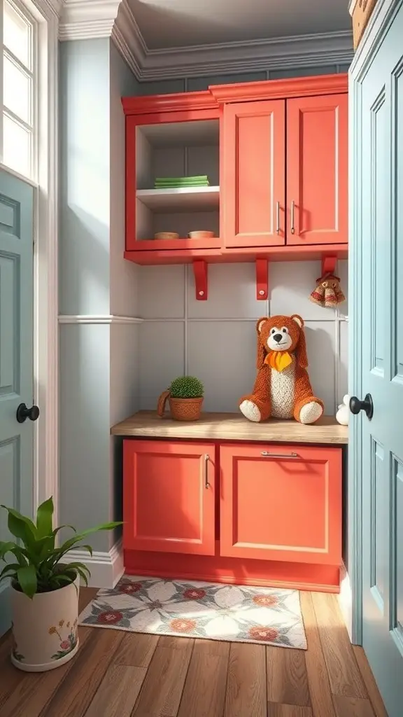 Colorful mudroom with coral cabinets, teddy bear, and potted plant
