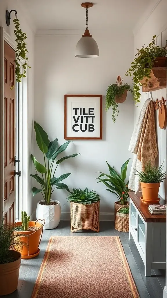 29+ Creative Mudroom Storage Ideas for a Clutter-Free Entrance 14 A bright and inviting mudroom with plants, a rug, and wall art.