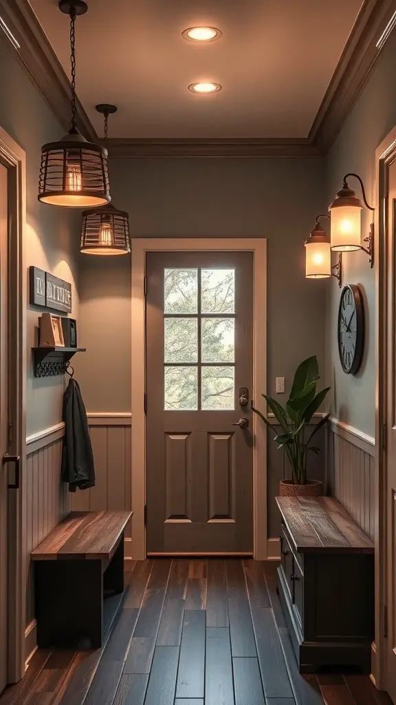A well-lit mudroom with pendant lights and recessed lighting, featuring a door, benches, and a plant.