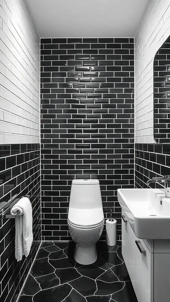 A modern bathroom featuring black and white tiles with a sleek design.