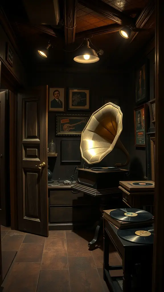 A cozy music corner with a vintage gramophone, vinyl records, and framed pictures of musicians.
