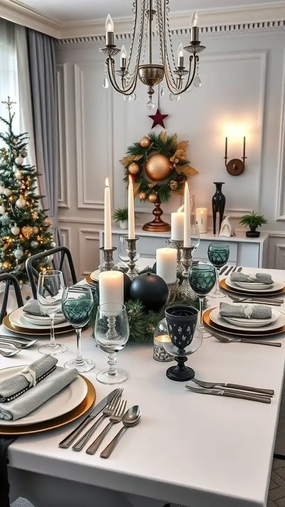 A chic black and white Christmas dinner table elegantly set with candles, glassware, and festive decorations.