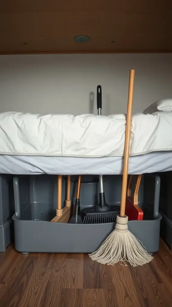 Storage bin under a bed containing mops and brooms