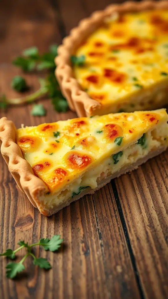 A slice of Quiche Lorraine with Gruyere cheese on a wooden table, garnished with herbs.
