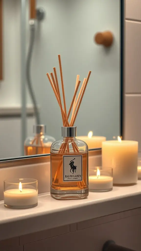 Ralph Lauren fragrance diffuser with candles in a bathroom setting