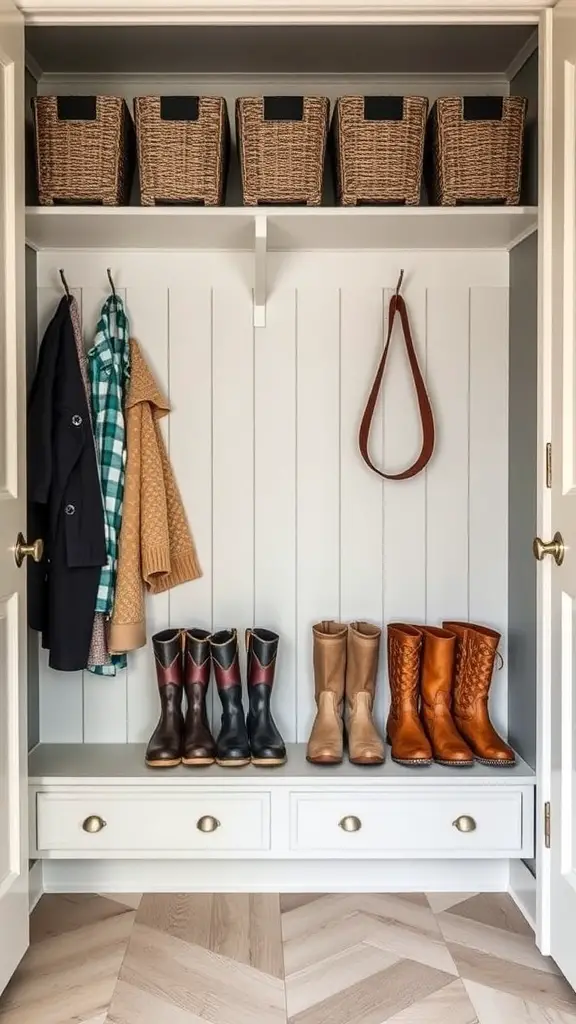 A mudroom closet featuring organized boots, woven baskets, and hanging coats.