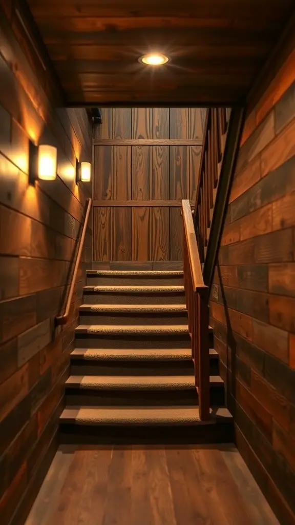 A cozy basement staircase with rustic wood paneling and soft lighting.