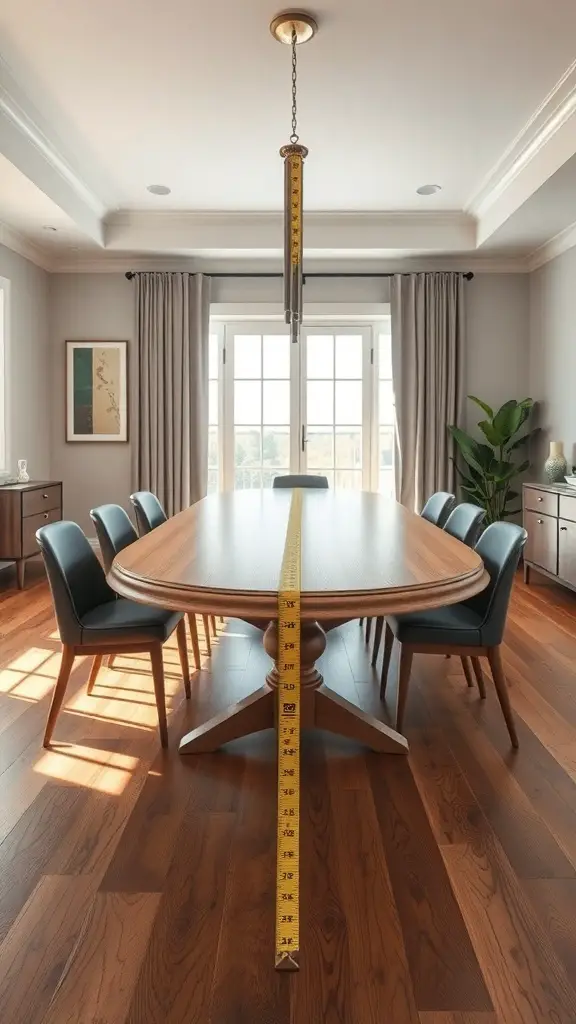 An oval dining table with a measuring tape laid across it, surrounded by chairs in a well-lit dining room.