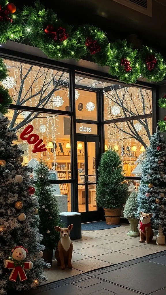 31+ Stunning Storefront Christmas Displays to Get You in the Holiday Spirit 3 A festive storefront display with decorated Christmas trees, a wreath, and playful animal figures.