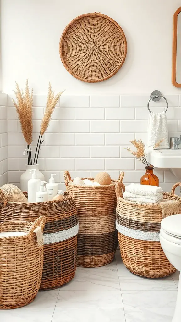 25+ Creative Ways to Store Your Feminine Hygiene Products 3 A stylish arrangement of woven bathroom baskets filled with towels and toiletries.