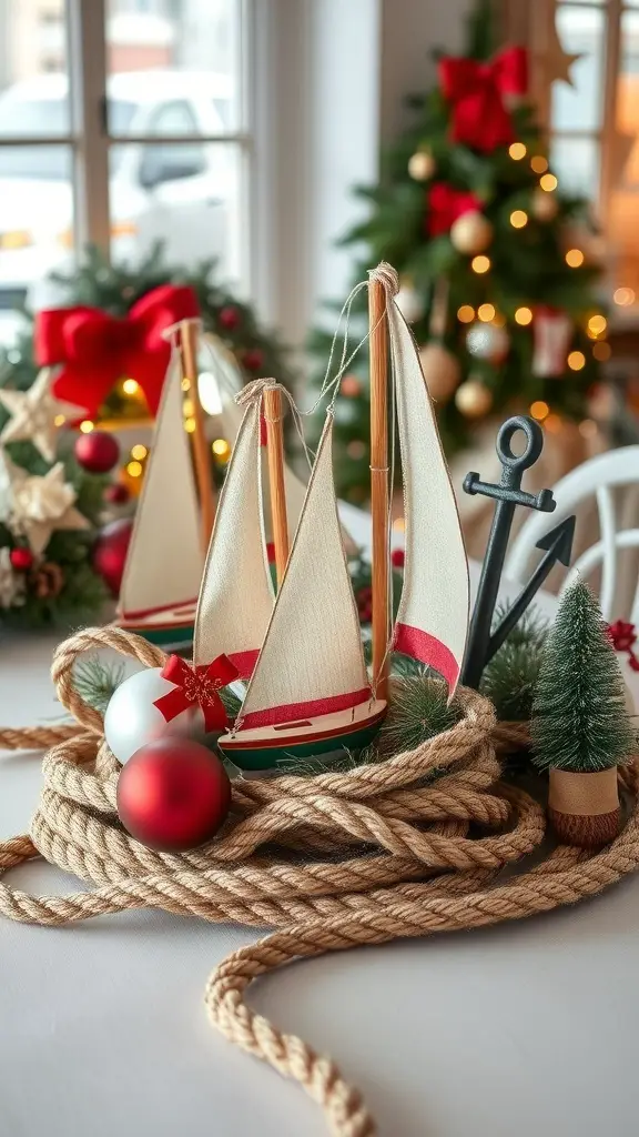 27+ Creative Christmas Island Centerpiece Ideas for Your Holiday Decor 10 A nautical-themed centerpiece featuring small sailboats, decorative rope, and holiday ornaments.