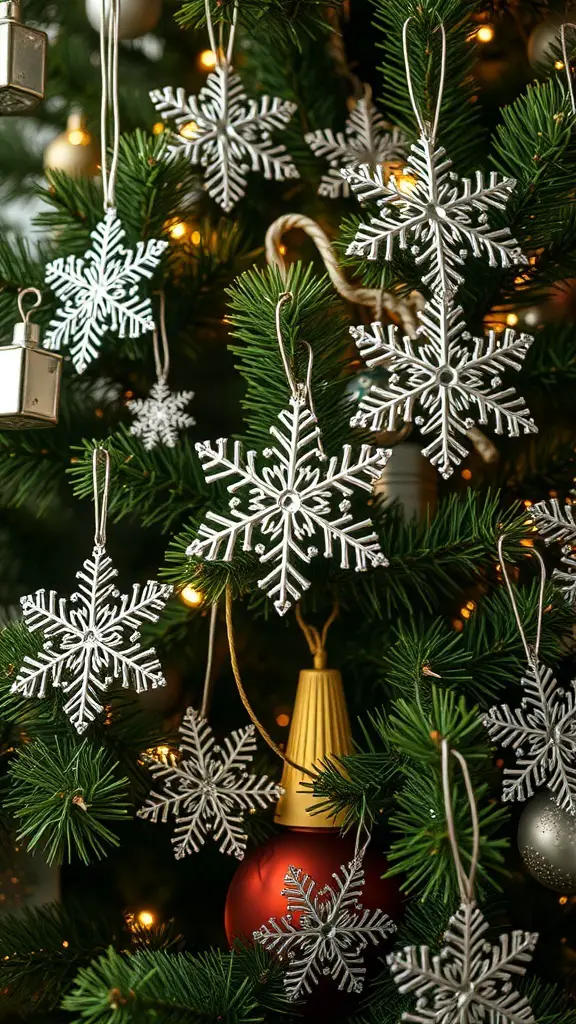 Silver snowflake ornaments hanging on a Christmas tree