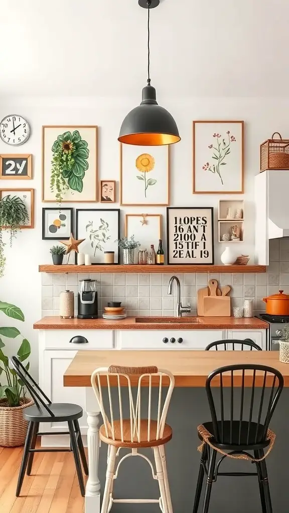 A boho kitchen featuring eclectic wall art with framed botanical prints and a typography piece.