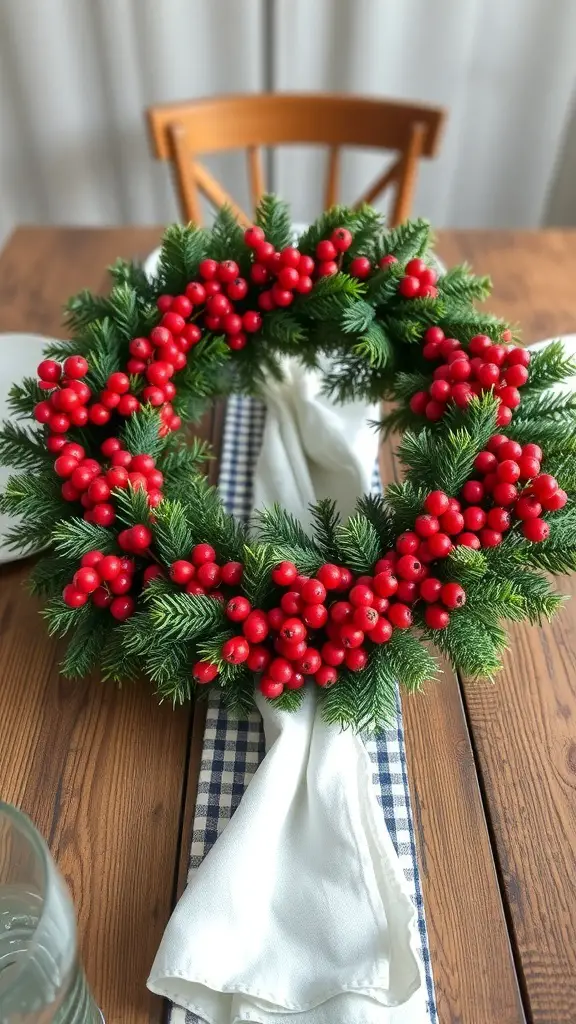 29+ Rustic Christmas Table Décor Ideas for a Cozy Holiday Celebration 5 A rustic Christmas table decor featuring an evergreen and berry wreath.