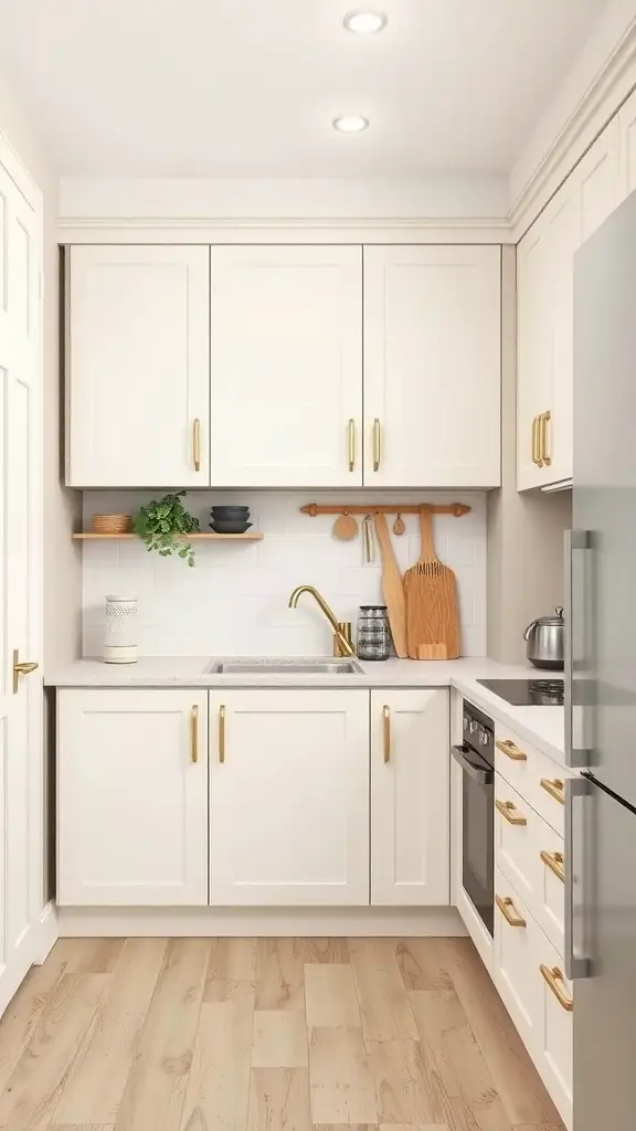 A small kitchen featuring off white cabinets with gold hardware, open shelving, and a modern design.
