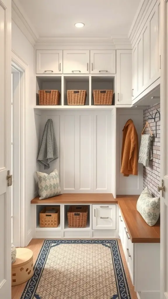 A well-organized mudroom closet with a bench, storage baskets, and hooks.
