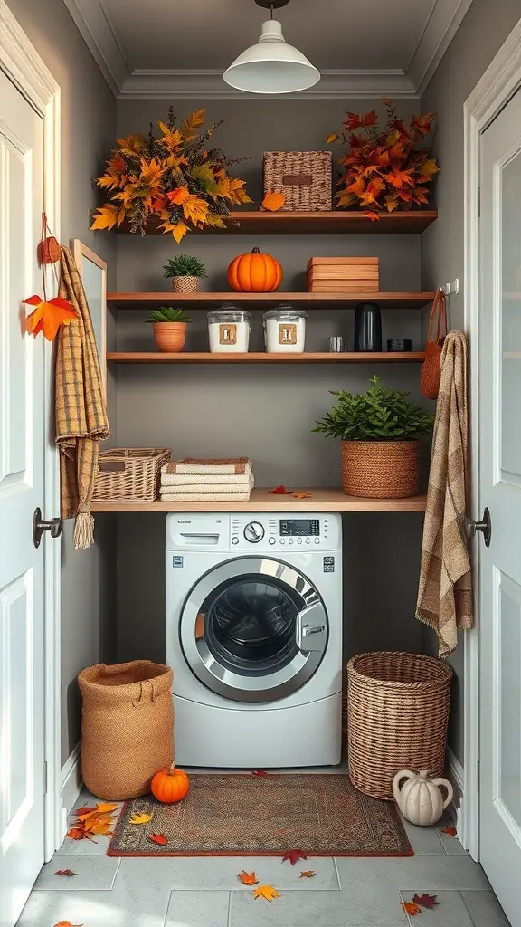 25+ Stylish Mudroom and Laundry Room Combo Ideas to Maximize Space 14 A cozy mudroom-laundry space decorated for fall with pumpkins, leaves, and warm colors.