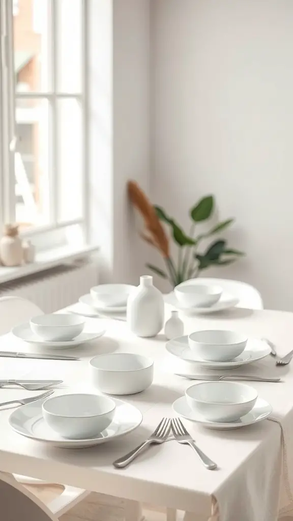 25+ Stunning Thanksgiving Table Settings to Elevate Your Holiday Feast 2 A modern minimalist Thanksgiving table setting with white dinnerware and natural elements.