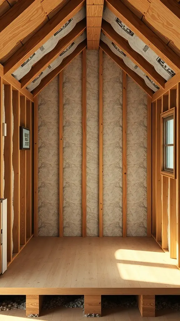 27+ Stunning Off-Grid Cabin Ideas for Your Dream Retreat 8 Interior view of an off-grid cabin with insulation materials and wooden beams.