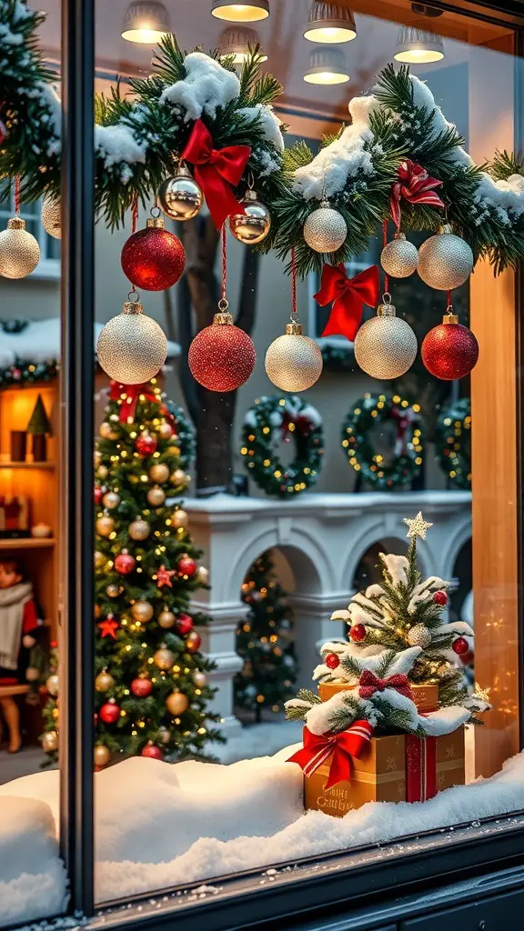 27+ Stunning Christmas Shop Decorations You Need This Season 4 A festive shop window display decorated for Christmas with a small tree, ornaments, and wrapped gifts.
