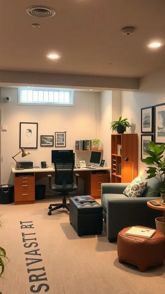 27+ Inspiring Basement Office Ideas for Ultimate Productivity 11 A cozy basement office with a desk, chair, couch, and plants.