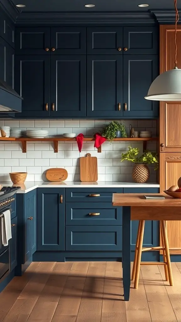 27+ Stunning Kitchen Color Palette Ideas for Your Home Makeover 11 A kitchen featuring navy blue cabinets, warm wood accents, and a bright white backsplash.