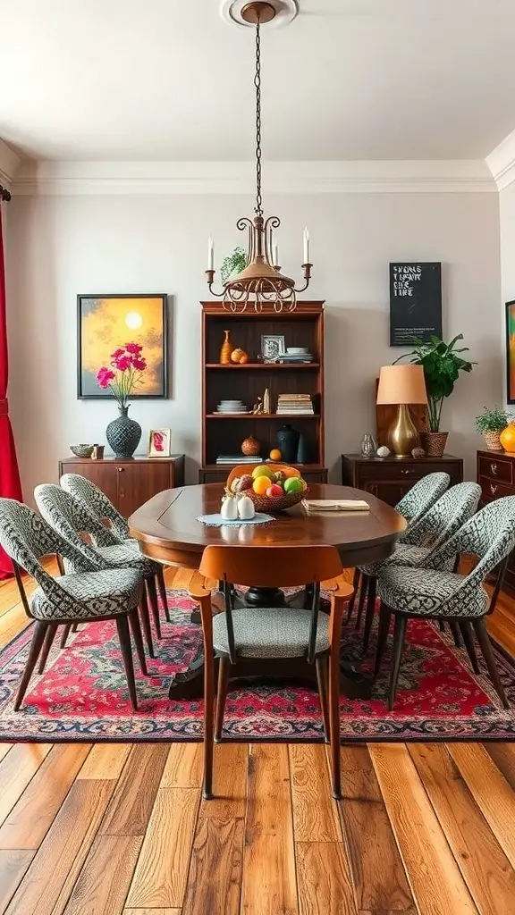 A cozy dining area featuring an oval table surrounded by patterned chairs, with a colorful rug and decorative elements.