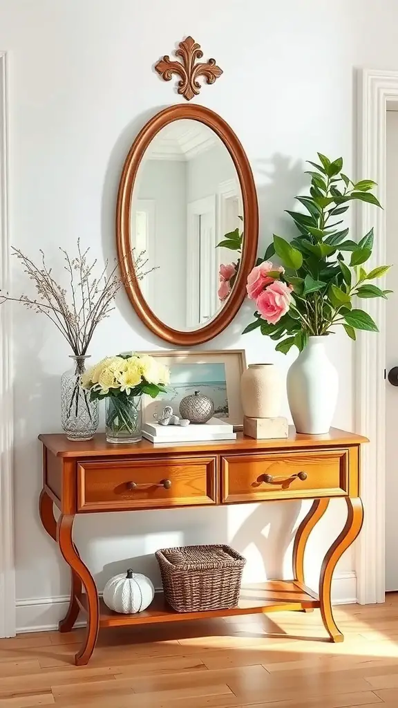 25+ Stunning Entryway Table Decor Ideas You’ll Love 4 Stylish console table with flowers, a mirror, and decorative items.
