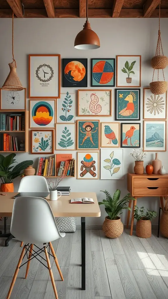 23+ Boho Office Decor Ideas for a Stylish Workspace 7 A bohemian office with a vibrant wall art display featuring various framed illustrations and plants.