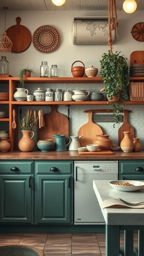 A boho kitchen featuring artisan pottery and decor on wooden shelves with teal cabinets.