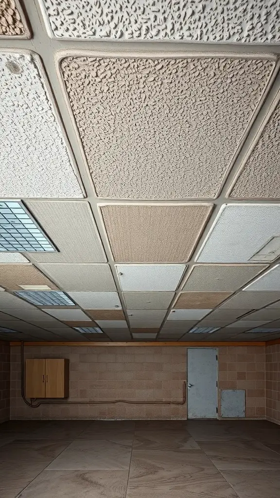 Textured ceiling tiles in a basement