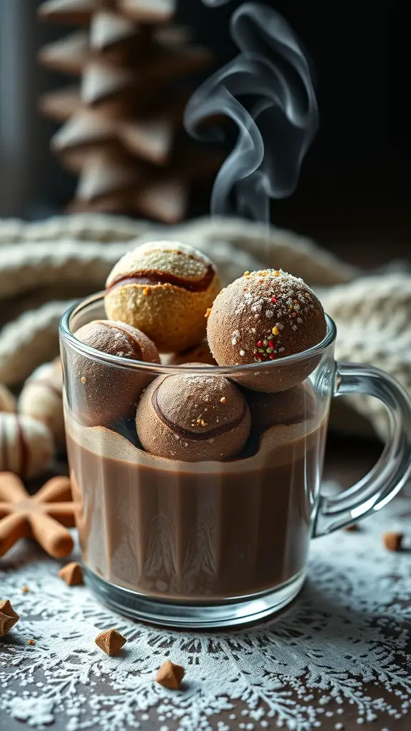 23+ Delightful Christmas Sweet Ideas You Must Try This Holiday Season 10 A cozy cup of spiced hot chocolate with chocolate bombs, steam rising, surrounded by festive decorations.
