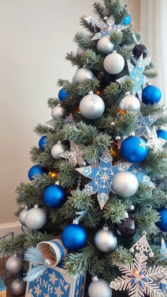 A Christmas tree decorated with silver and blue ornaments, featuring snowflake decorations and a modern festive look.