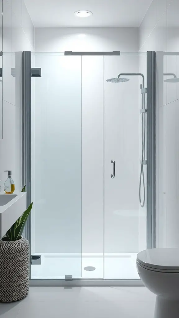 Modern glass shower enclosure with minimal framing and a plant