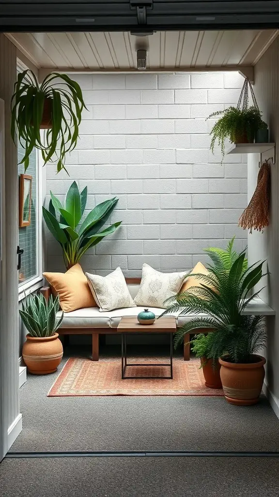27+ Creative Garage Entryway Ideas for a Stylish Welcome 7 A cozy seating nook in a garage with plants, cushions, and a small table.