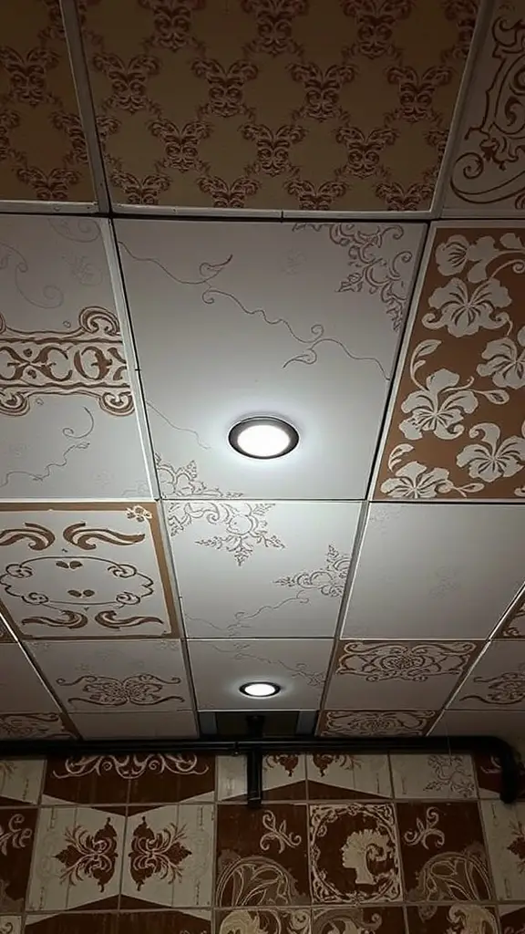 Ceiling with stenciled patterns in warm tones and light fixtures