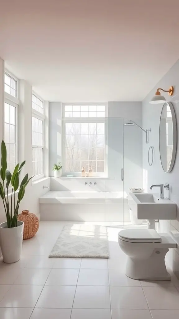 A bright and airy basement bathroom with large windows, a bathtub, and modern fixtures.