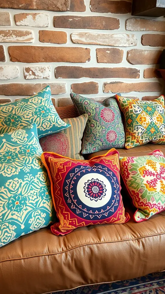 25+ Stunning Boho Basement Ideas to Transform Your Space 16 A cozy couch adorned with colorful throw pillows in various patterns and designs.