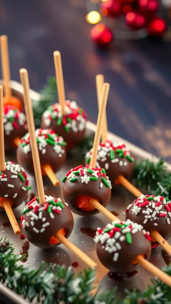 29+ Festive Christmas Brunch Buffet Ideas 10 Chocolate-dipped fruit skewers decorated with sprinkles on a festive platter