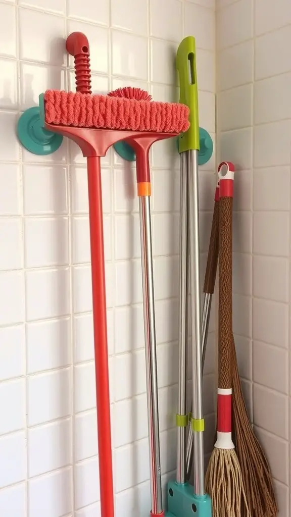 Colorful suction cup holders with cleaning tools attached, showcasing an organized storage solution.