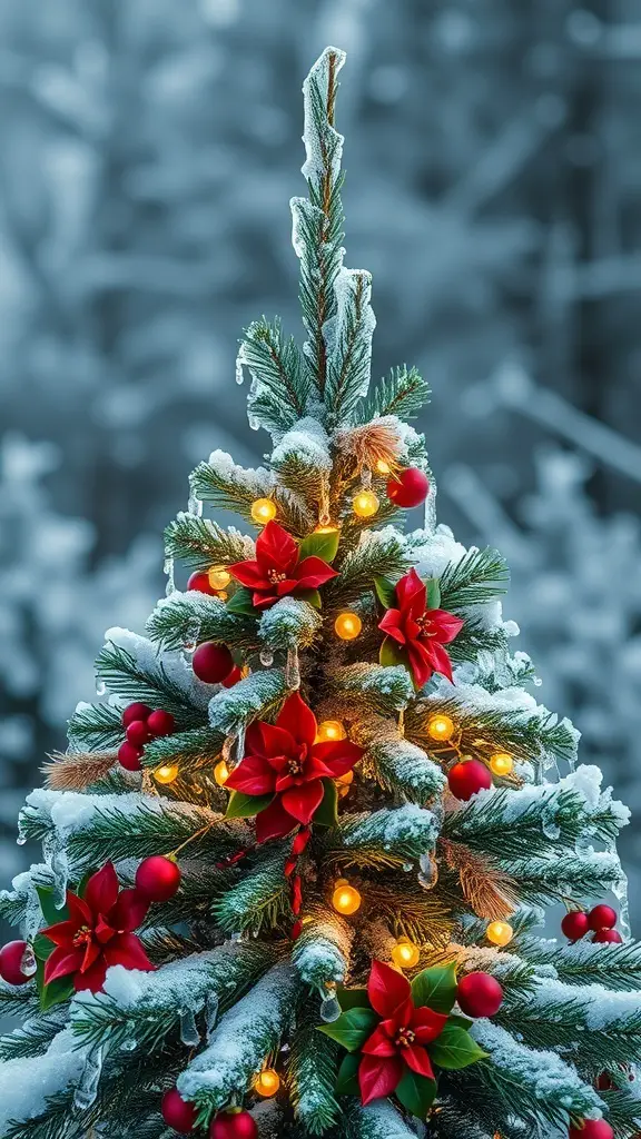 25+ Stunning Icicle Christmas Tree Ideas to Transform Your Holiday Decor 3 A beautifully decorated icicle Christmas tree with red poinsettias and warm lights, set against a snowy background.