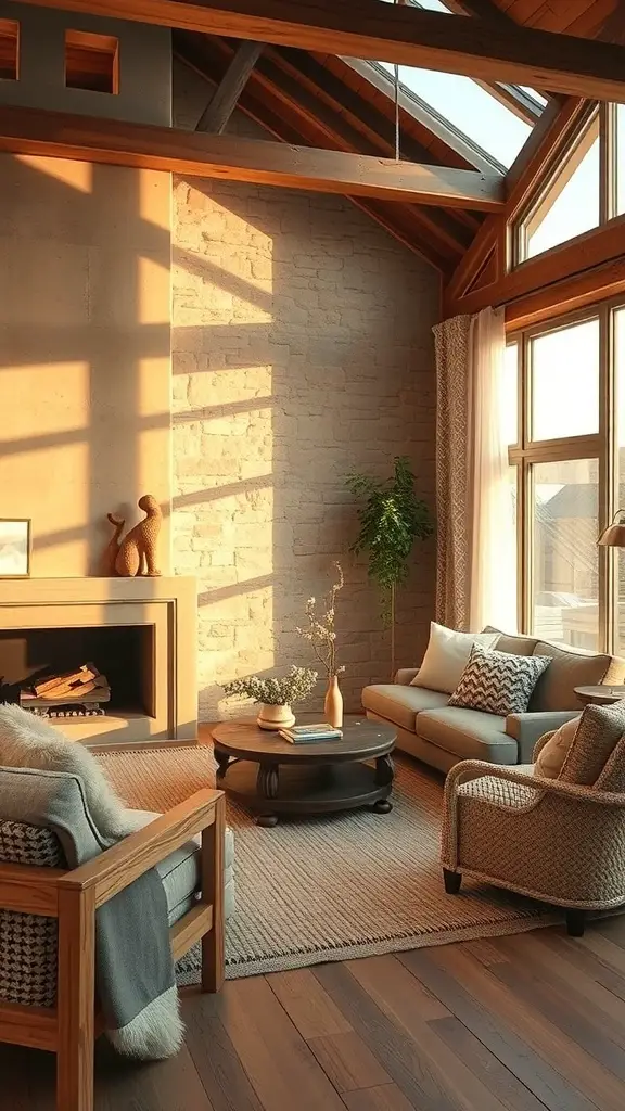 27+ Earthy Living Room Ideas with 15 Must-Have Items 2 A cozy living room with wooden beams, stone walls, and natural textures.