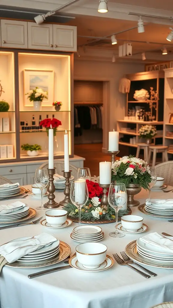 25+ Festive Christmas Store Displays to Inspire Your Retail Space 8 A beautifully arranged holiday table setting with fine china, glassware, and a floral centerpiece.