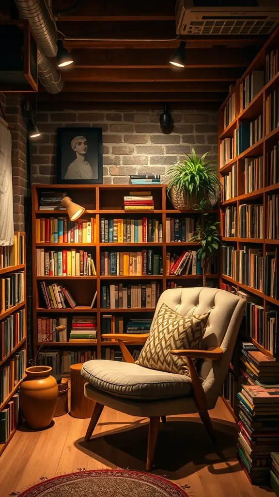 25+ Stunning Boho Basement Ideas to Transform Your Space 15 Cozy reading nook with bookshelves, a comfortable chair, and warm lighting