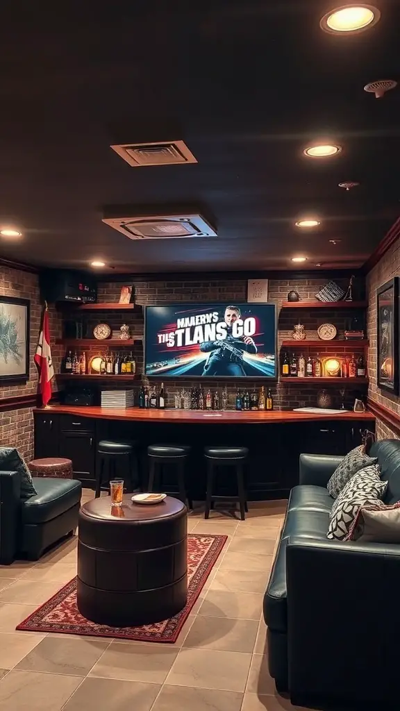 A cozy basement bar with a large TV, comfortable seating, and a well-stocked bar area, perfect for movie marathons.