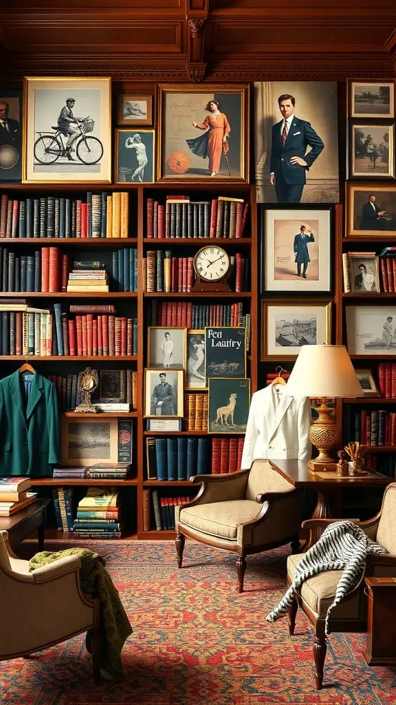 29+ Stunning Ralph Lauren Library Designs You’ll Love 6 A cozy library with wooden shelves filled with books, framed photographs, and stylish clothing pieces.