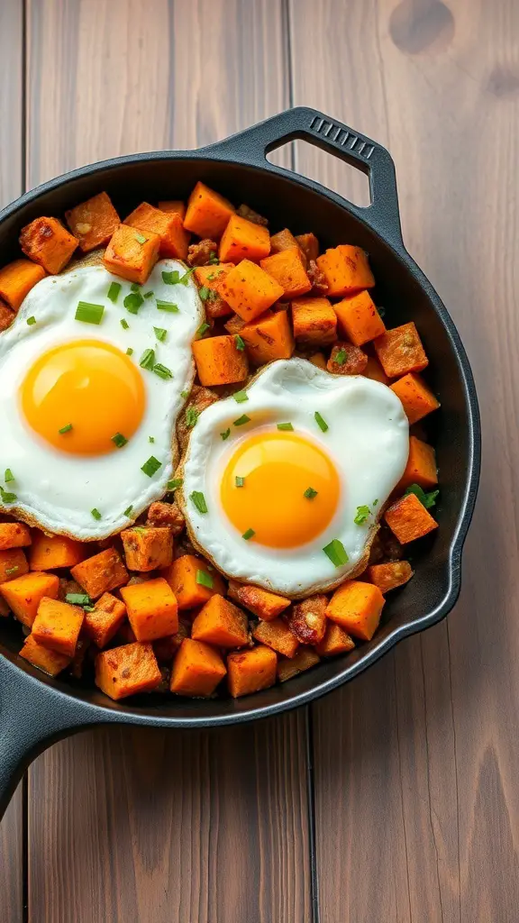 A skillet filled with sweet potato hash topped with two sunny-side-up eggs.